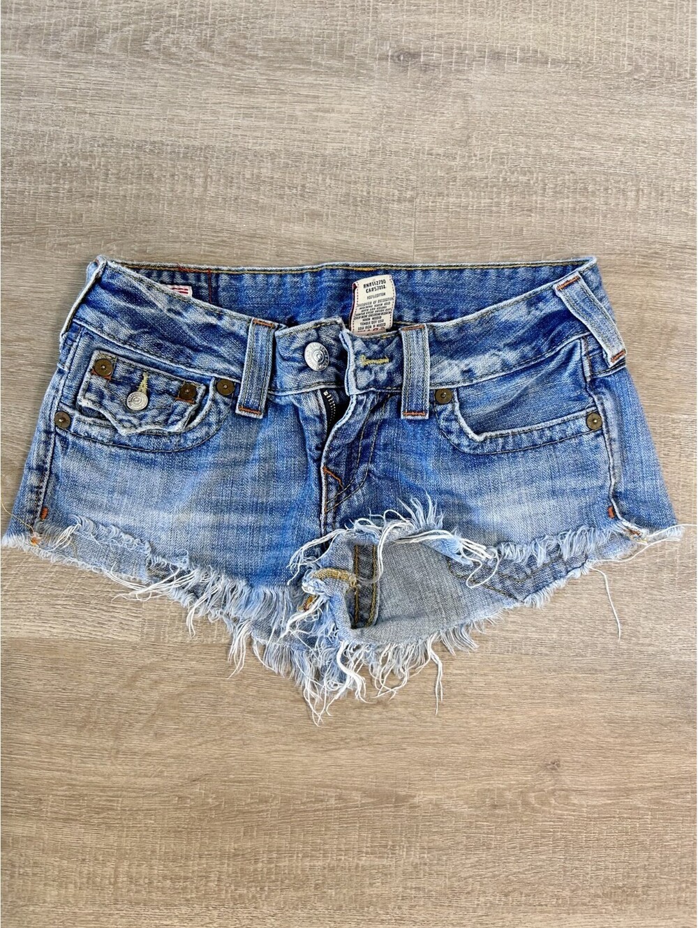 True Religion Joey Cut Off Shorts Women’s Blue Distressed Denim 28